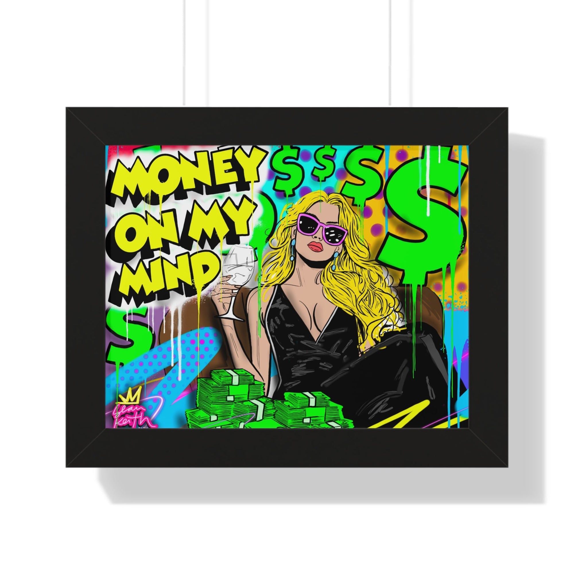 “Graffiti-style artwork by Sean Keith featuring glamorous woman in sunglasses holding a wine glass, surrounded by dollar signs, cash stacks, and the phrase ‘Money On My Mind’ in bold yellow lettering.